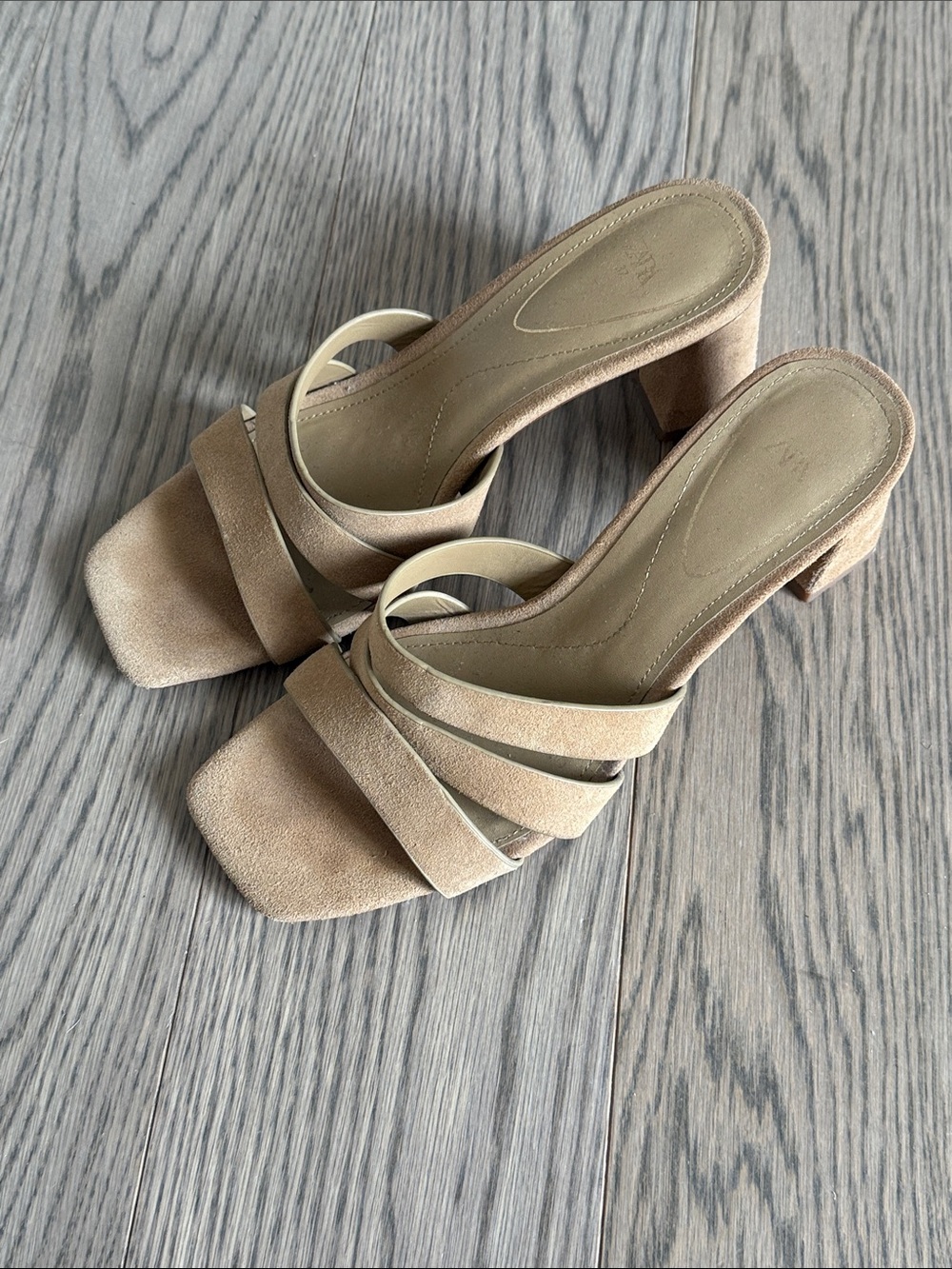 Zara Nude Suede Strappy Square-Toe Block Heel Mules